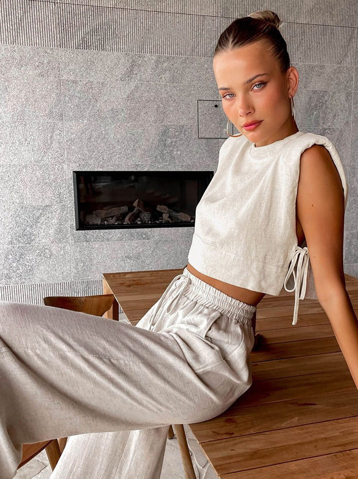 Casual Two Piece Linen Pants & Crop Top Set