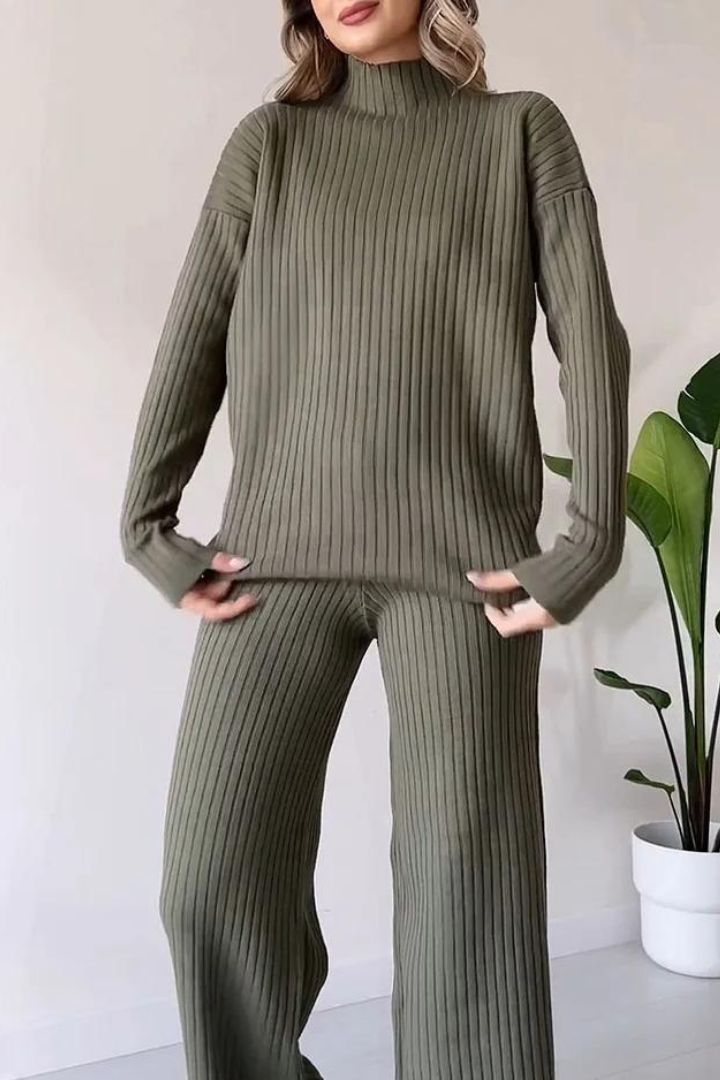 2 Piece Casual Long Sleeve Ribbed Knitted Lounge Set