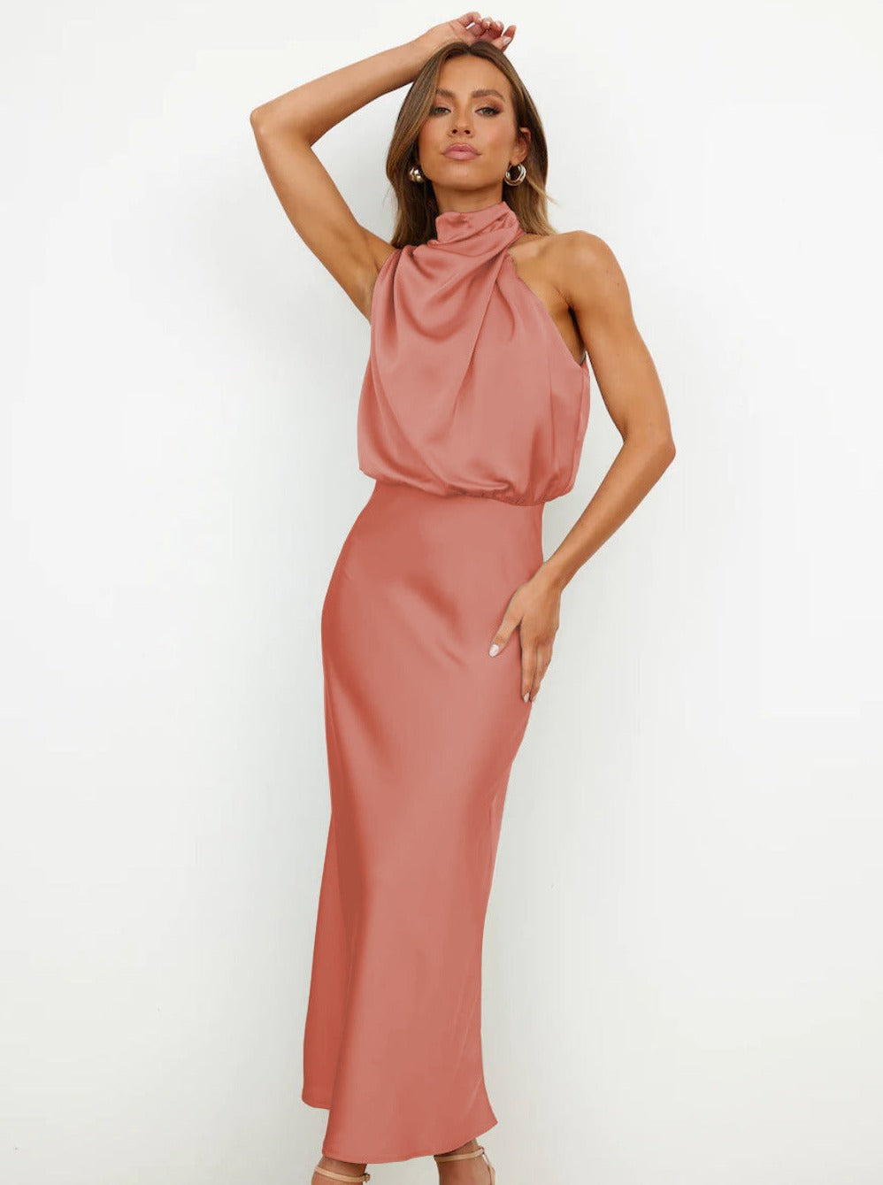 Abendkleid Damen Lang - Satin Neckholder Kleid Elegantes Cocktailkleid für Partys

