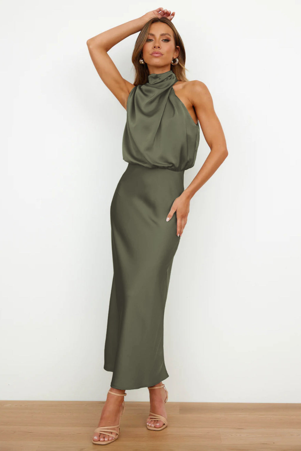 Elegant Green Halter Neck Dress