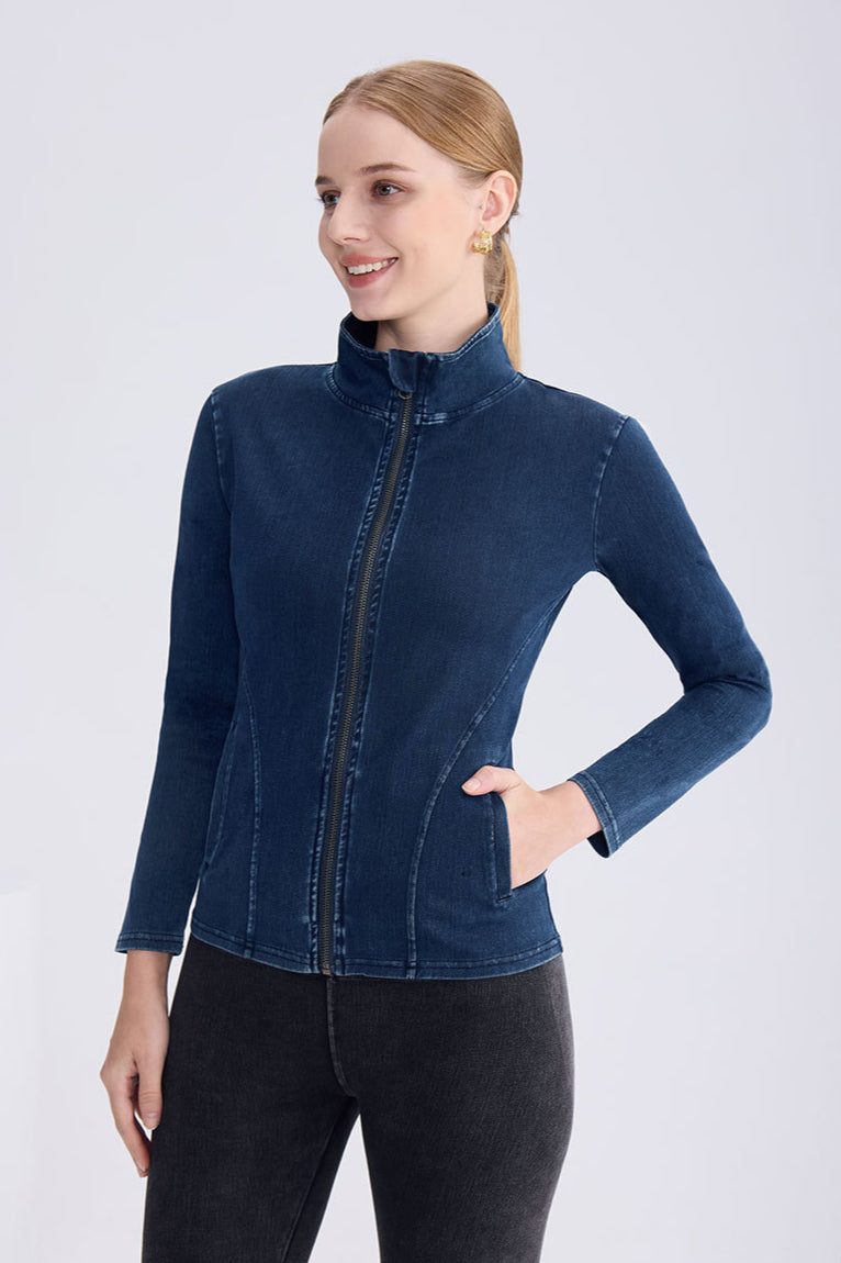 Jeansjacke Damen elegant figurbetont langarm mit Reißverschluss modisch
