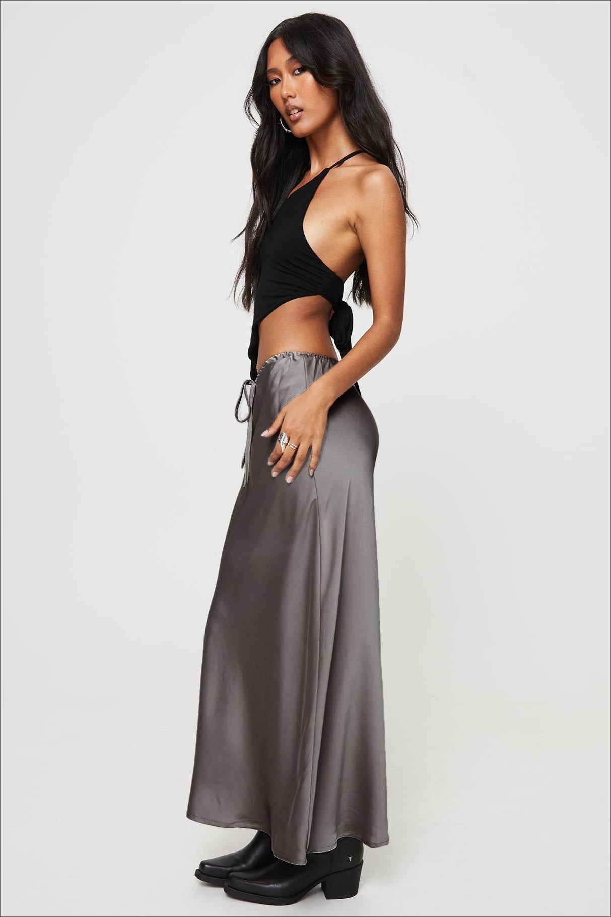 Charcoal Gray Tie Waist Maxi Skirt