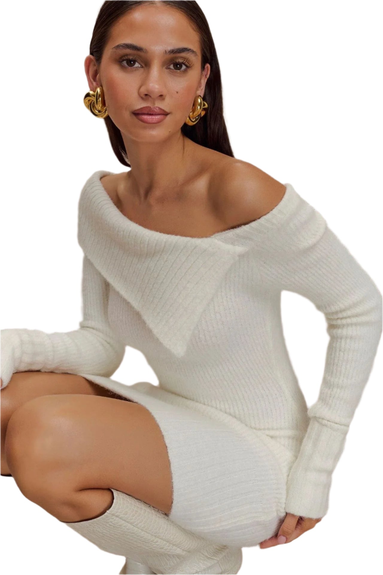 Women's Classic White Off-Shoulder Ribbed Knit Dress