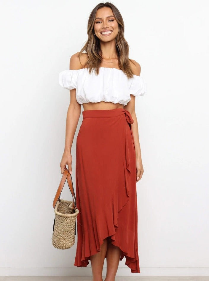 Asymmetrical Tie-Waist Ruffle Rust Red Long Skirt