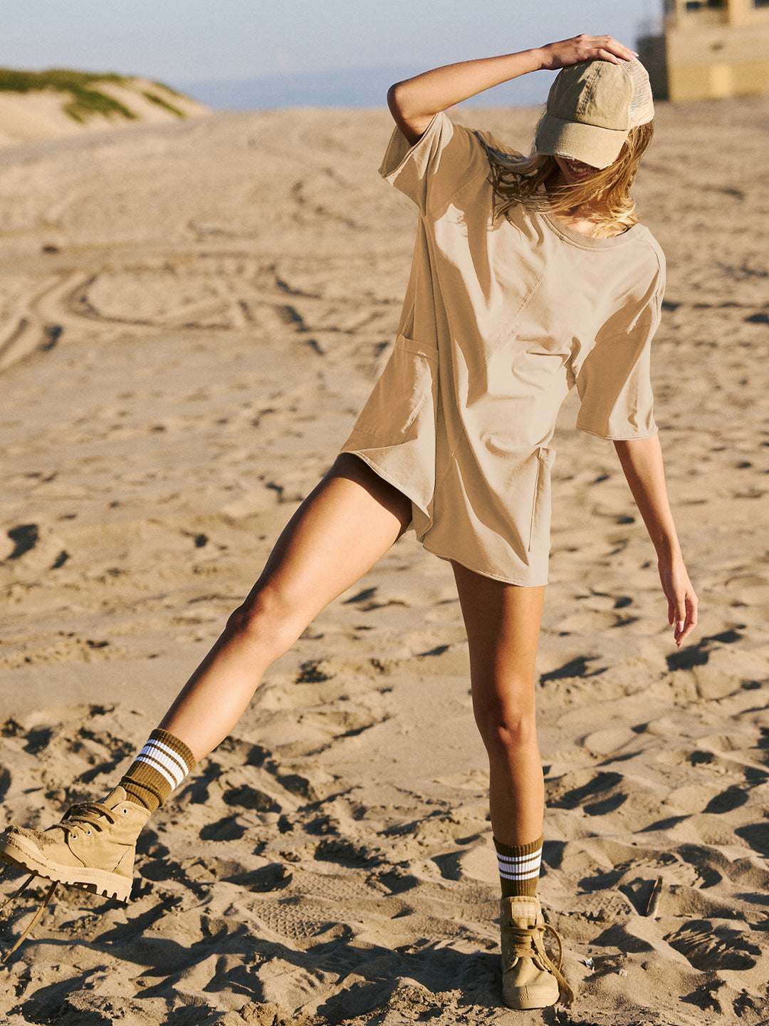 Beige Short Sleeve Pocketed Backless Rompers