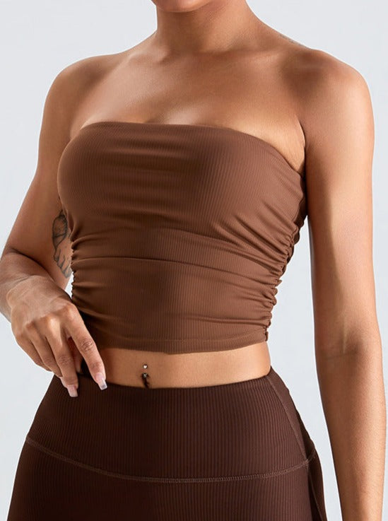 Brown Threaded Chest-Wrapped Slim Fitting Tube Top