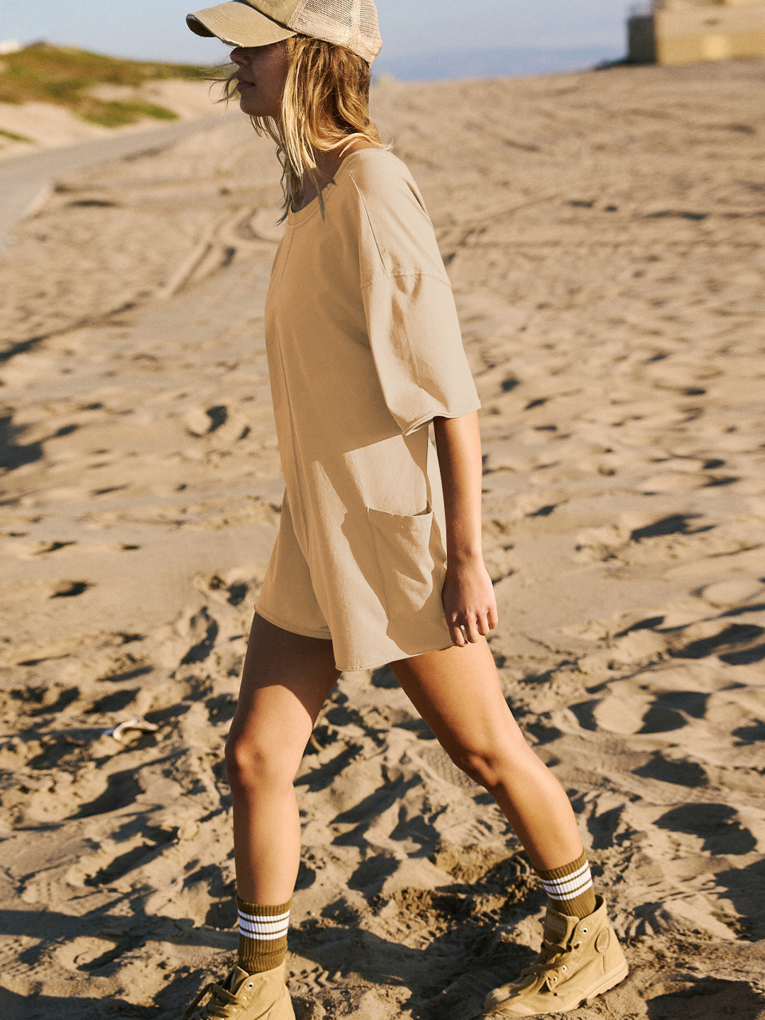 Beige Short Sleeve Pocketed Backless Rompers