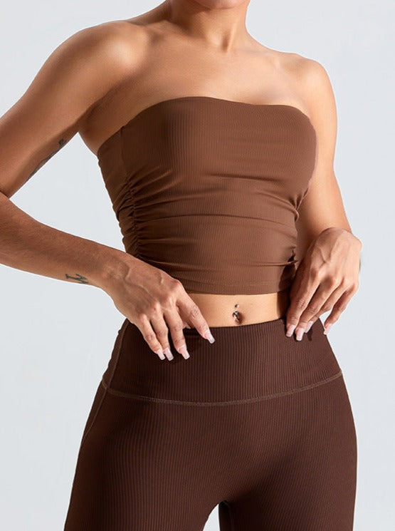 Brown Threaded Chest-Wrapped Slim Fitting Tube Top