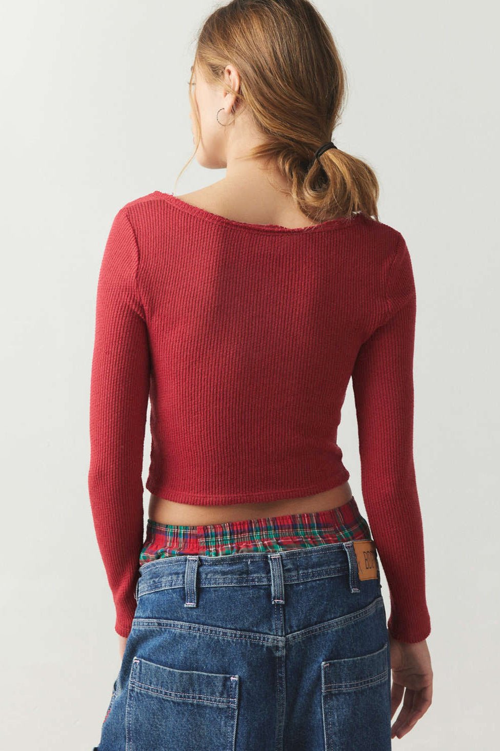 Blusa de punto con cuello en V y manga larga de canalé rojo 