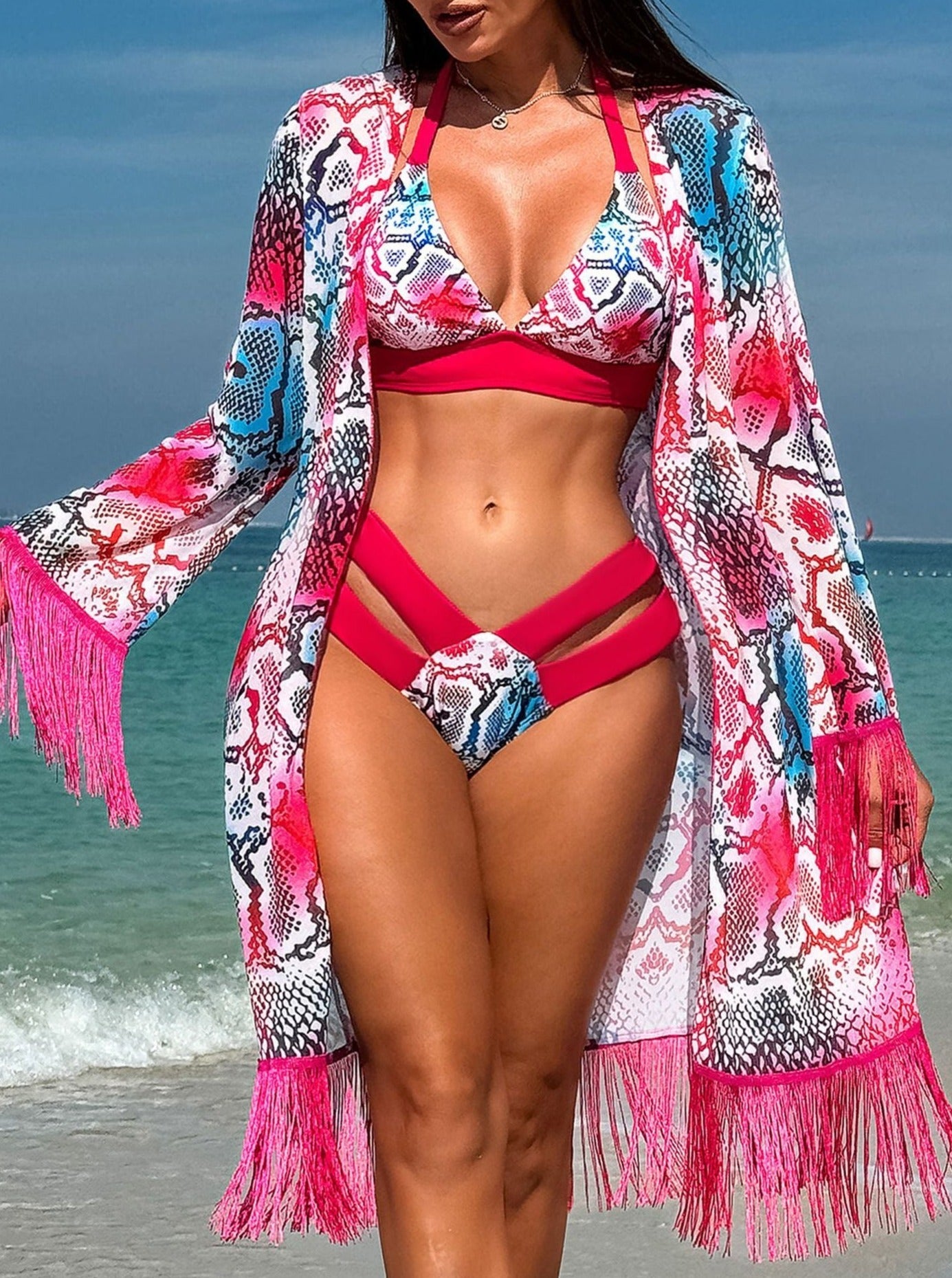 Conjunto de bikini de tres piezas con estampado de borde grueso 