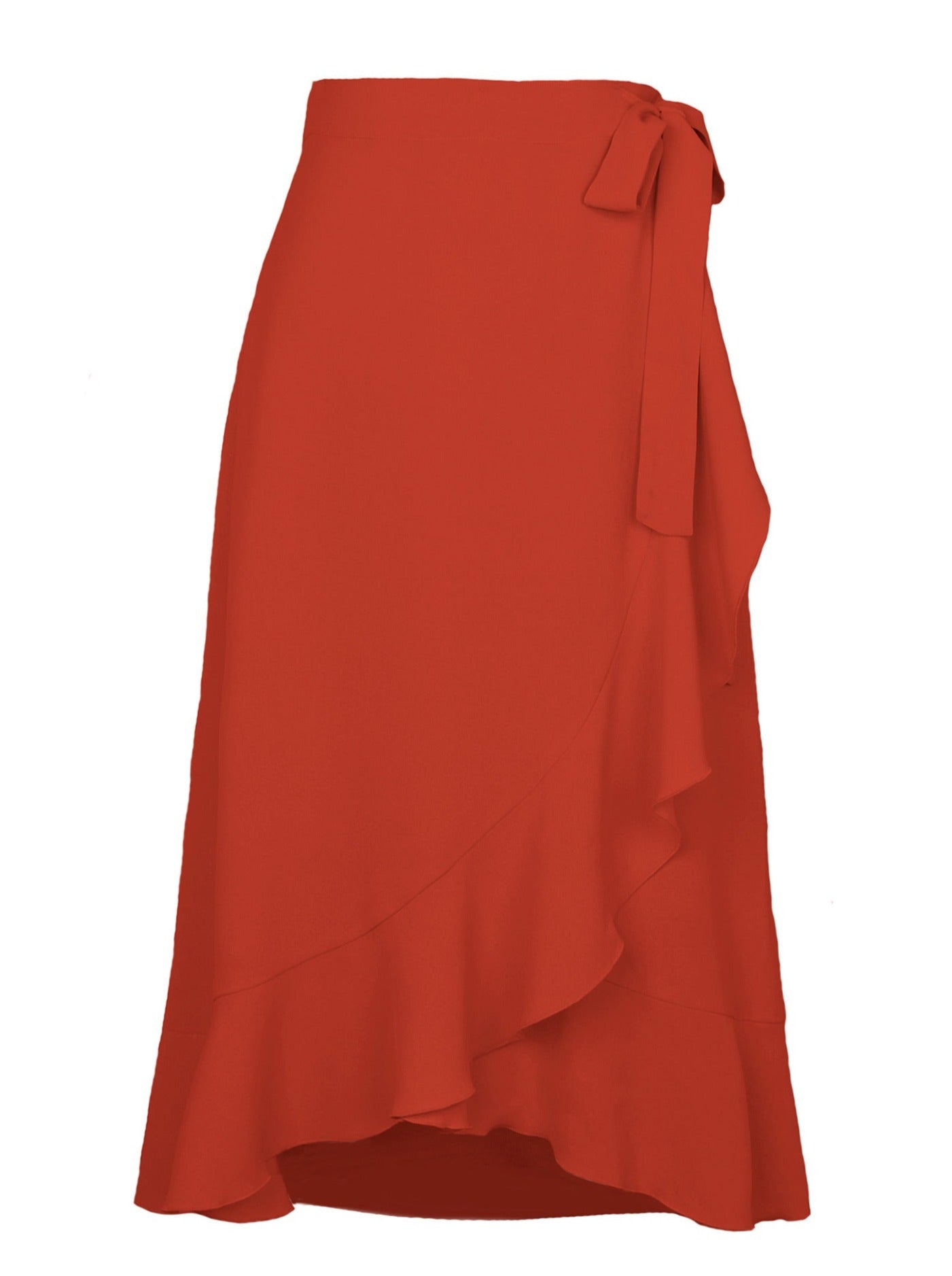 Asymmetrical Tie-Waist Ruffle Rust Red Long Skirt