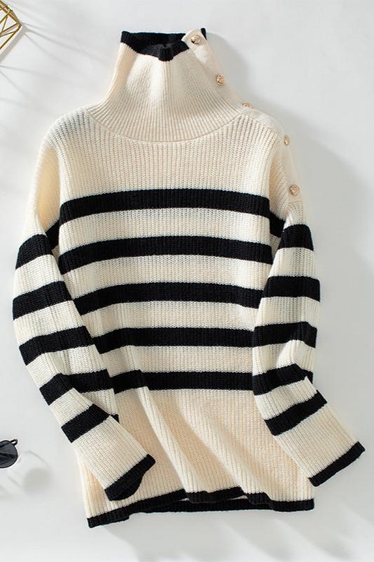 Classy Stripe Turndown Collar Long Sleeve Sweater