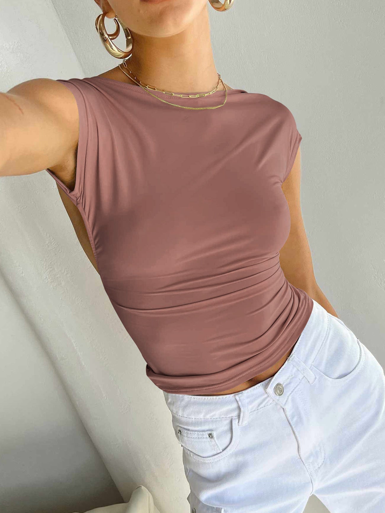 Camisa de manga corta transpirable ajustada sin espalda sexy beige 