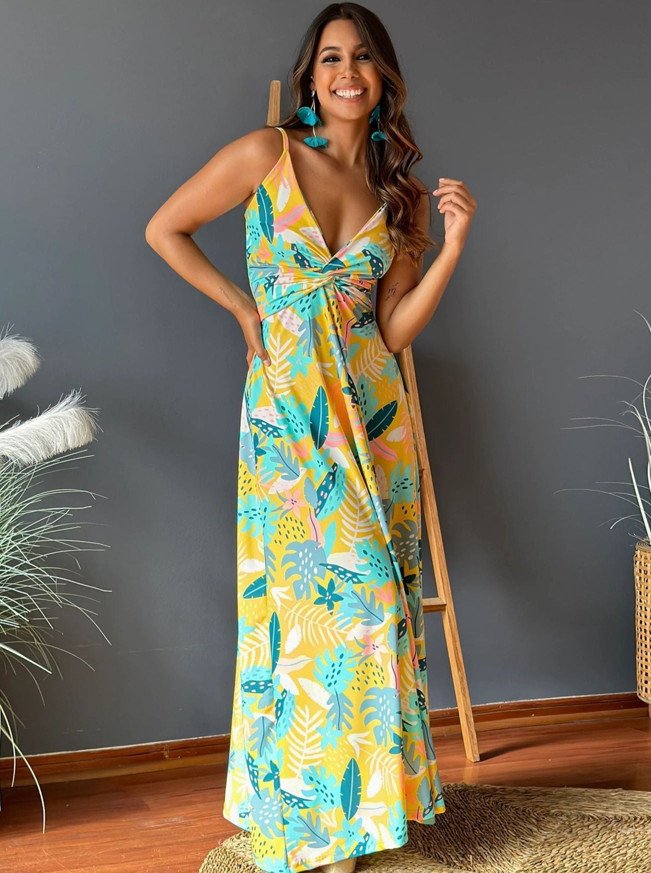 Elegant V-Neck Printed Twisted Chic Long A-Line Dress