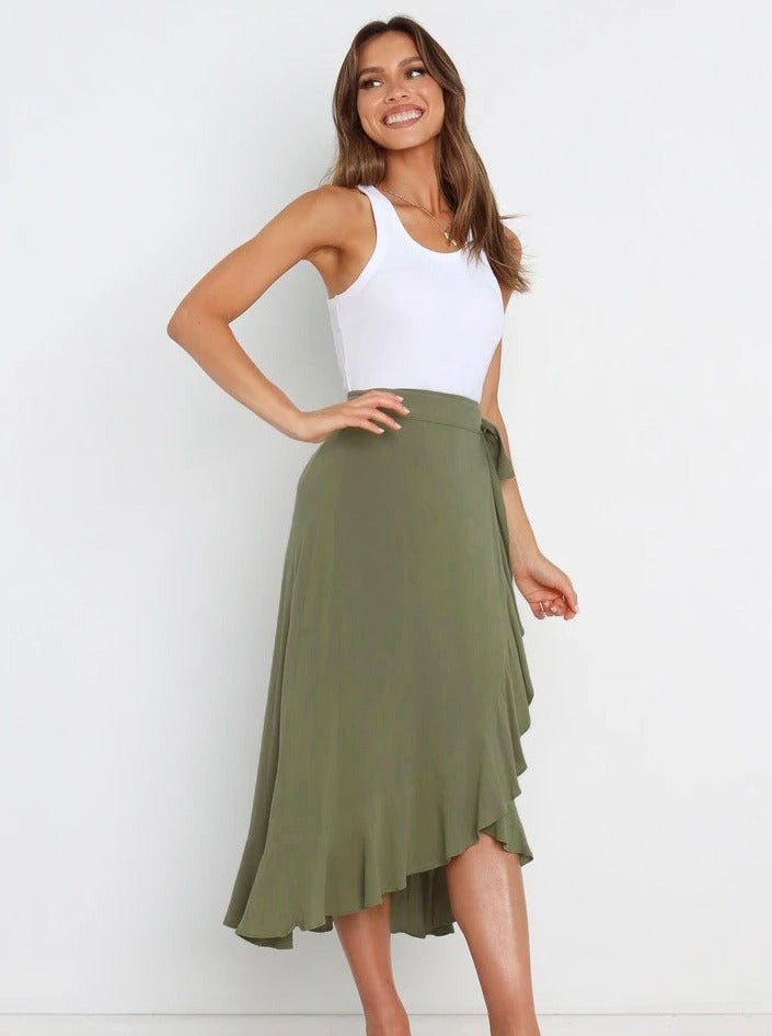 Asymmetrical Tie-Waist Ruffle Olive Green Long Skirt