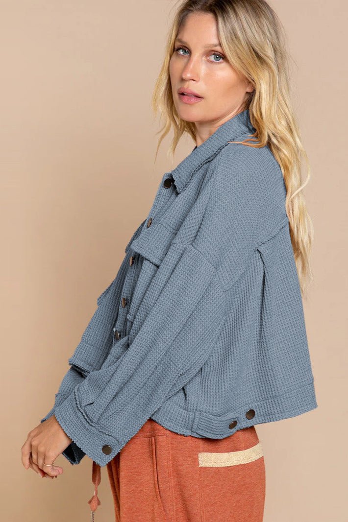 Blue Long Sleeve Solid Color Collared Jacket