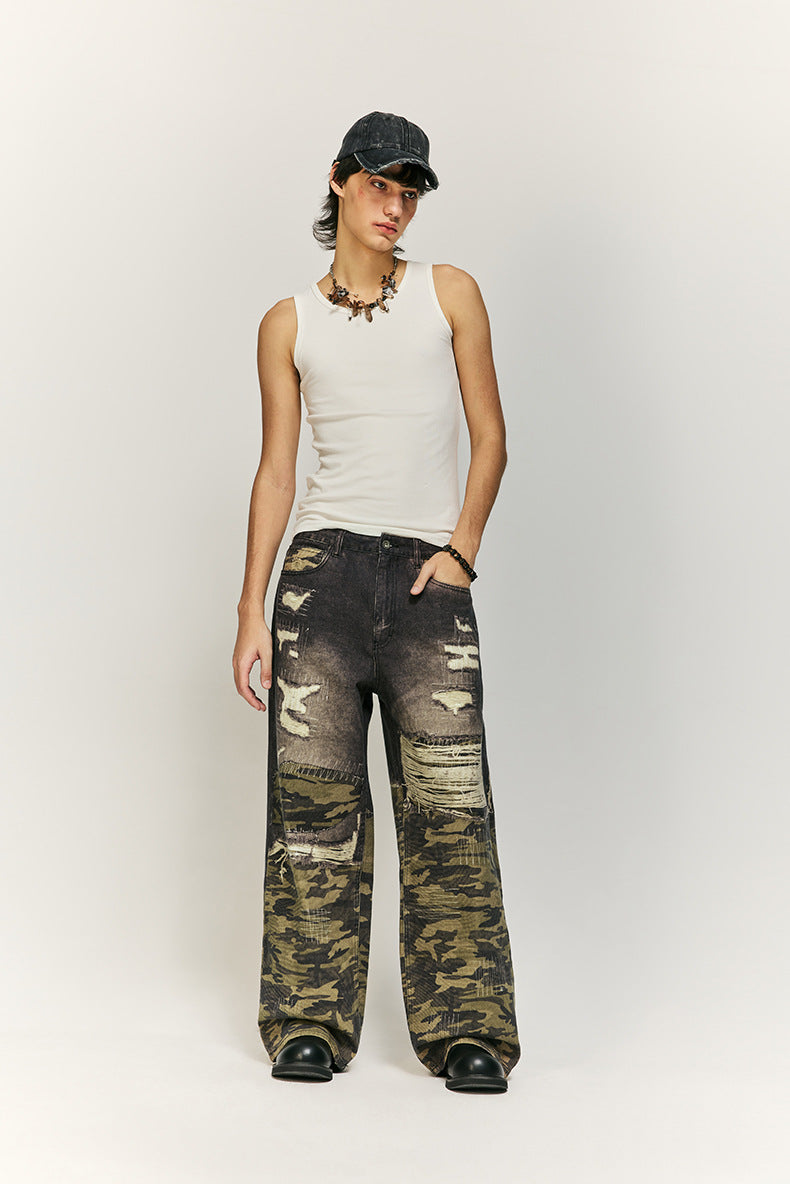 Urban Camo and Distressed Denim Wide-Leg Pants