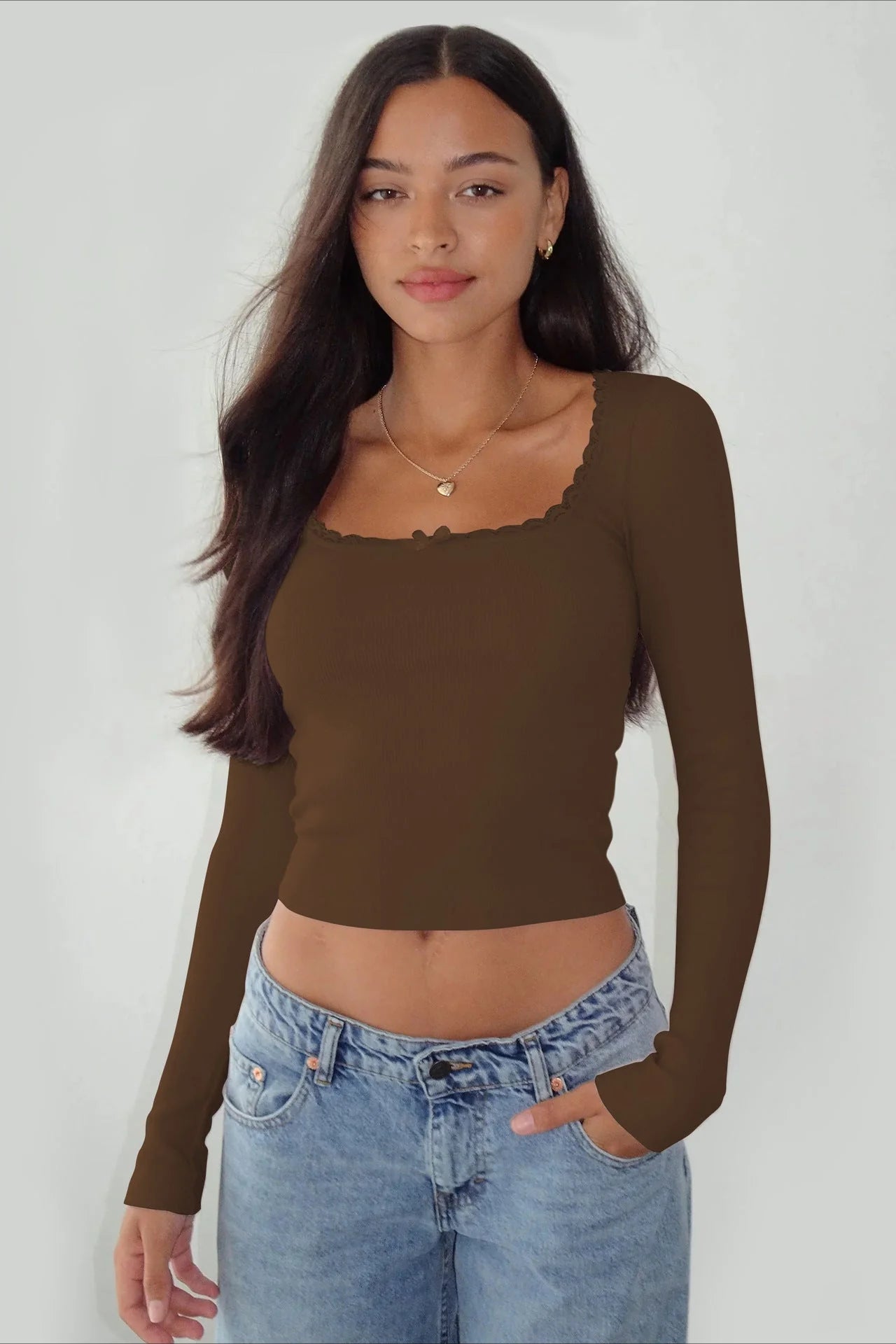 Ribbed Laced Brown Long Sleeve Crop Top