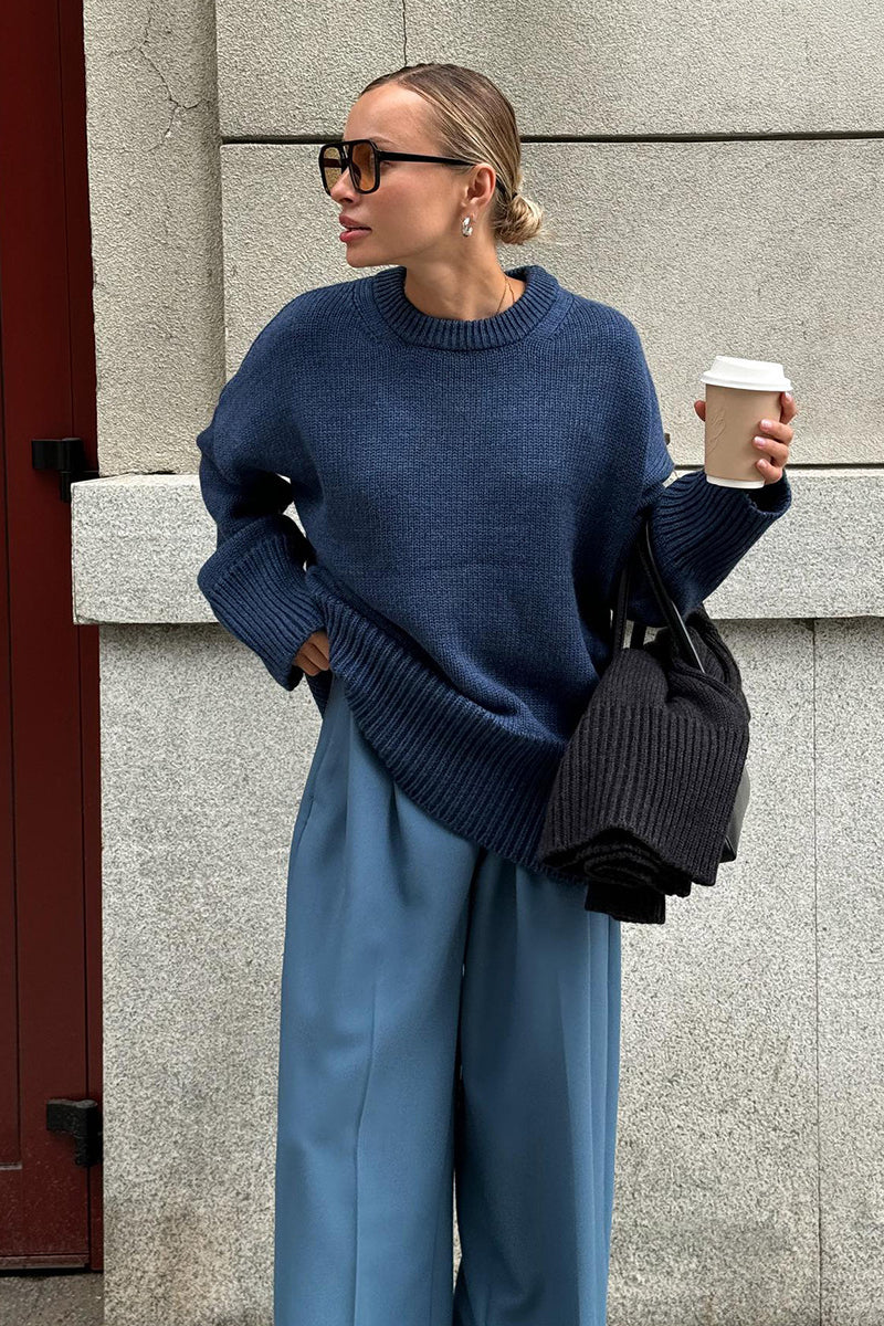 Women's Oversized Charcoal Knit Round Neck Sweater