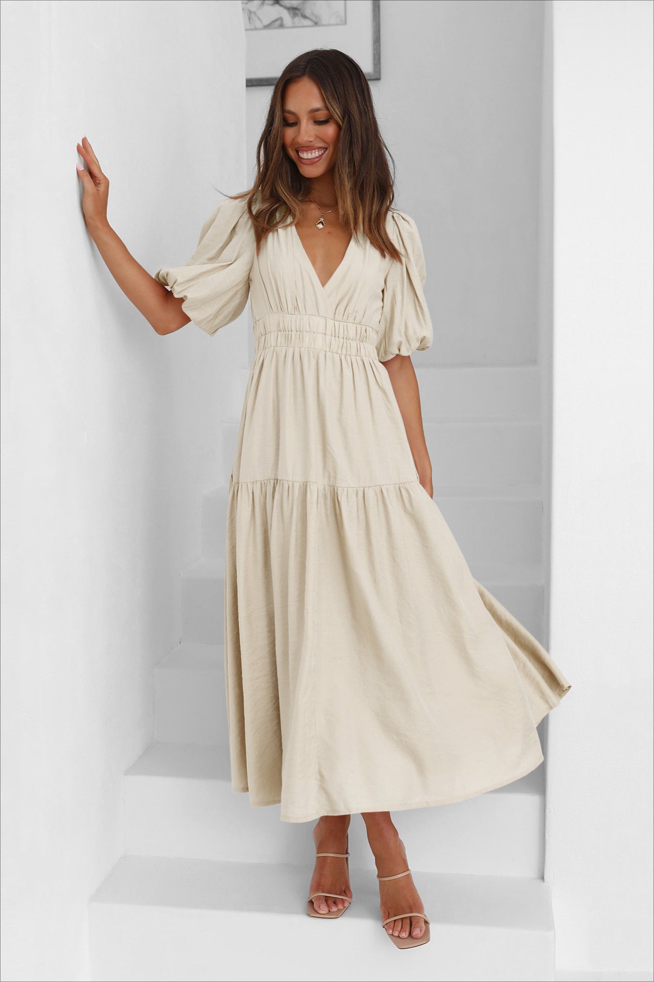 Apricot Deep V-Neck Puff Sleeve Layered Dress